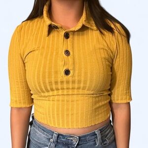 Yellow Ribbed Button-Up Crop Top | Grunge/Alt Style | Size S